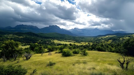Majestic mountains under a dramatic sky with vibrant green meadows capturing the essence of nature's beauty at midday
