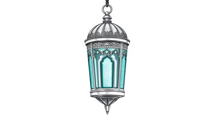 Fototapeta premium Hanging teal lantern with silver detailing on a white backdrop