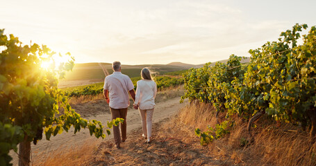 Love, walking and holding hands with old couple in vineyard for romance, anniversary date and...