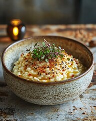 Rustic bowl of creamy risotto with fresh microgreens and spices in warm lighting