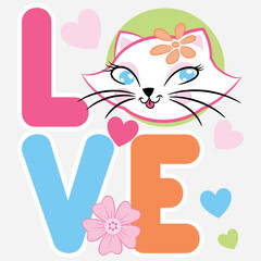 A cute cat design with stars, rays, large whiskers, and multicolored crystal rhinestones on a background with trendy, school-style text and numbers.