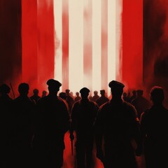 Silhouettes of Soldiers Walking Into a Glowing Horizon on Memorial Day Generative AI