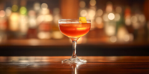Elegant cocktail served in a classic glass with a citrus twist in a dimly lit bar setting