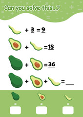Counting educational children game, math kids activity sheet. Cartoon Avocado  fruit.