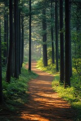 Obraz premium A serene forest path, lined with tall, dense pine trees, bathed in soft, diffused morning light