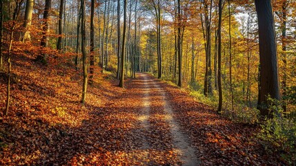 Obraz premium Serene autumn forest path with golden foliage and sunlight filtering through trees