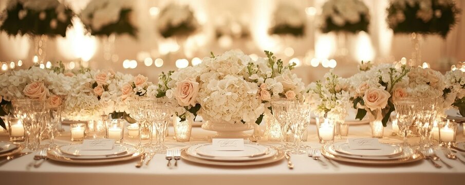 Elegant wedding reception table with floral centerpieces and candlelight ambiance