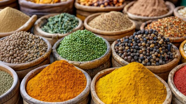 Colorful market baskets filled with vibrant spices and herbs showcase feast of food flavors.