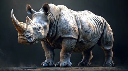 Obraz premium Majestic white rhinoceros standing on rock with dusty background