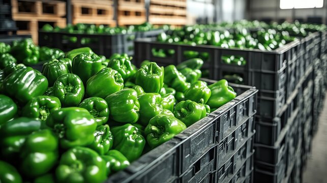 Crates filled with fresh green bell peppers, inside a spacious warehouse