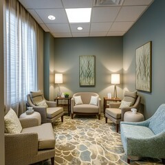 Fototapeta premium Serene waiting room with plush seating, patterned rug, and nature artwork
