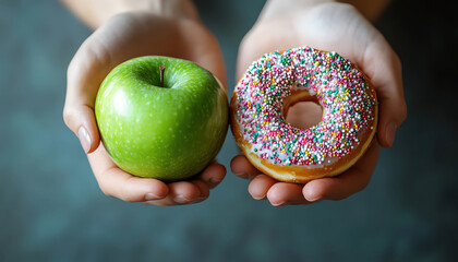 Hands holding a green apple in one hand and a sprinkled donut in the other, symbolizing choice