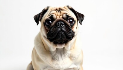 A charming pug, isolated against a pure white backdrop, breed, domestic, isolated