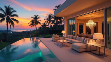 Fototapeta premium Tranquil Oasis: A Modern Open-Air Villa with a Pool, Palm Trees, and a Golden Sky