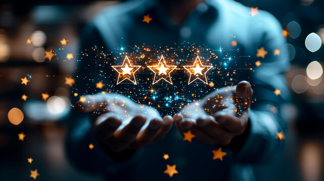 Customer Review and Rating: Hands cradle a glowing constellation of stars, symbolizing exceptional service or product quality. This image conveys the value and importance of feedback.