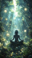 Silhouette of person meditating in enchanted forest with floating orbs and sunlight