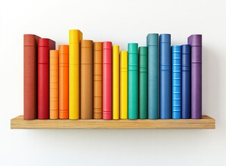 Naklejka premium Arrangement of Colorful Books on Wooden Shelf Against White Wall