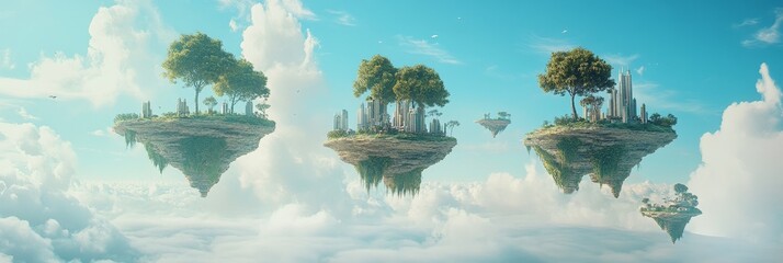 Floating islands serene city nature above clouds.