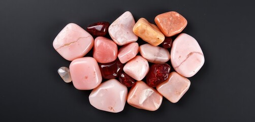 Naklejka premium Rose quartz and garnet tumbled stones on dark background, vibrant, passion, purple