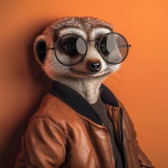 Stylish meerkat in glasses and leather jacket posing on orange background