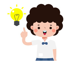 Cute kid Thai student think idea and light bulb illustration cartoon character flat style