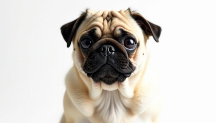 Obraz premium A solo pug, showcasing its endearing features on a stark white backdrop, brown, adorable, cute