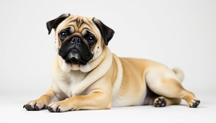 Obraz premium A solo pug rests against a pristine white backdrop, comfortable, pug