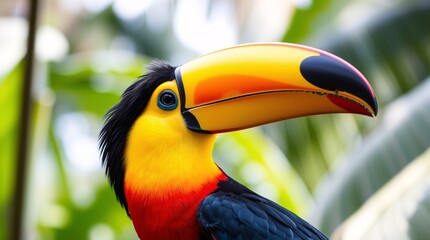 Fototapeta premium Vibrant Toucan in Tropical Setting - High-Resolution Stock Photo with Detailed Feathers and Rich Jewel-Toned Plumage