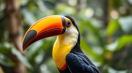 Fototapeta premium Vibrant Toucan with Colorful Beak and Plumage in Rainforest Backdrop