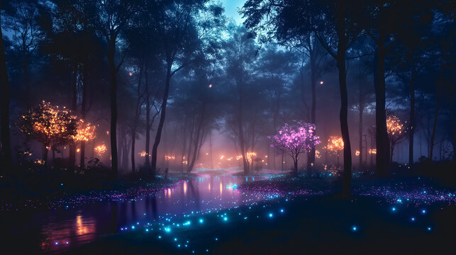 光の木々が輝く幻想の夜の森