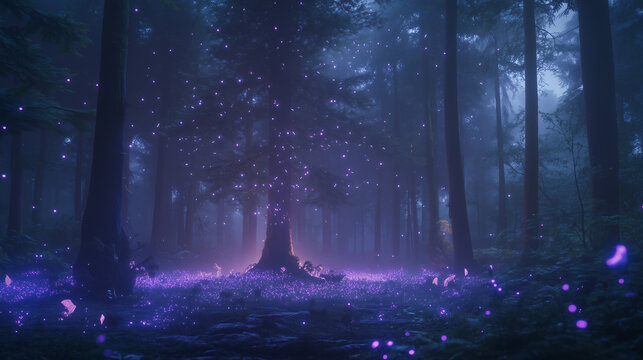 精霊が舞う闇の中の神秘の樹