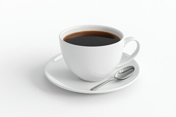 Serving Coffee in White Cup with Spoon on White Background