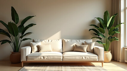 Modern Living Room with Minimalist Decor and Lush Greenery