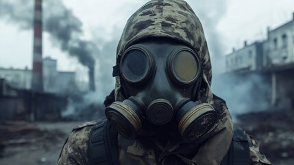 Soldier in Gas Mask Navigating Soft Focused Industrial War Zone
