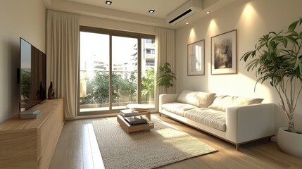 Naklejka premium Modern living room with white sofa, indoor plants, and large windows overlooking urban balcony