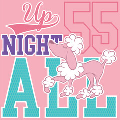 A French poodle puppy design with a college-style text embellishment, pastel colors, and patch numbers. A school and fashion design for multiple uses.