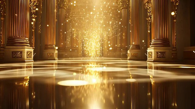 Golden Light in Grand Hall with Marble Columns and Reflective Floor