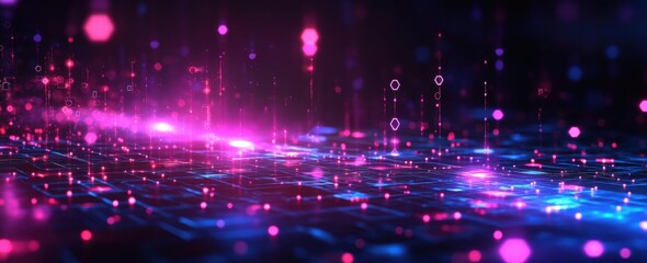 Obraz premium A computer generated image of a cityscape with a purple and blue background