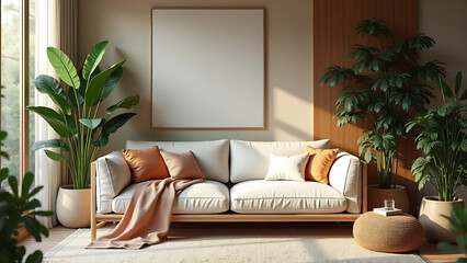 Modern Living Room with Minimalist Decor and Lush Greenery