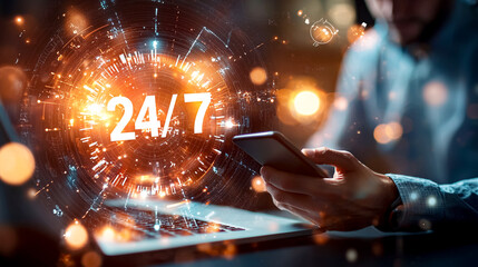 Always Available: A person is using a laptop and mobile phone with an illuminating "24/7" symbol, representing constant access and availability in digital and professional life.