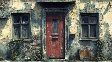 Weathered red door on rustic old building with cracked plaster and twin windows