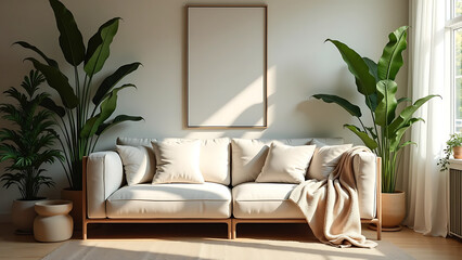 Modern Living Room with Minimalist Decor and Lush Greenery