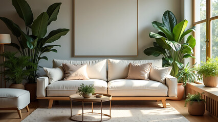 Modern Living Room with Minimalist Decor and Lush Greenery