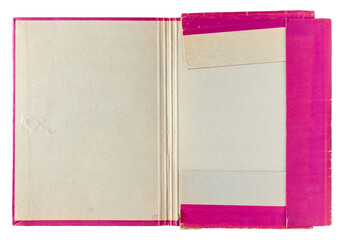 Old fuchsia pink open empty paper folder top view isolated