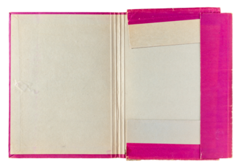Old fuchsia pink open empty paper folder top view isolated