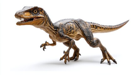 Obraz premium Realistic dinosaur figurine in motion: detailed velociraptor toy on white background