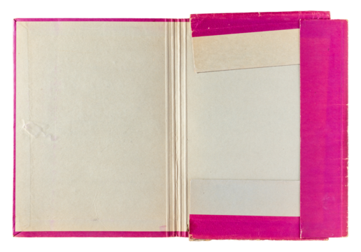 Old fuchsia pink open empty paper folder top view isolated