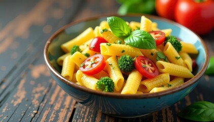 Bowl of vibrant pasta salad, colorful vegetables , pepper, pasta salad, healthy