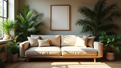 Modern Living Room with Minimalist Decor and Lush Greenery