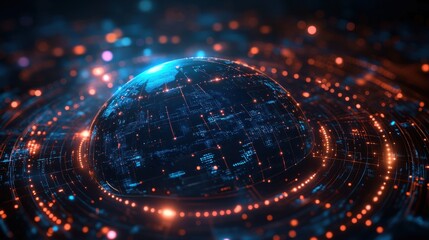 A blue sphere with a network of orange lines surrounding it